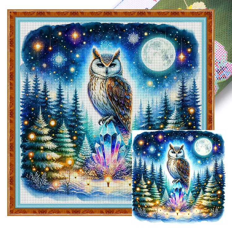 Owl On Gemstone Under Moonlit Night 11CT Stamped Cross Stitch 40*40CM
