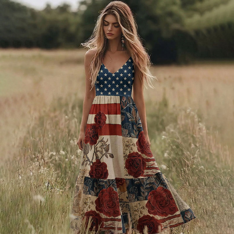  Women's Retro Independence Day Flag Floral Art Linen Dress Westsshops