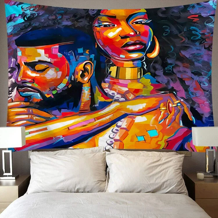 Black Art Tapestry Afro African American Woman Couple Red Wine Love Meditation Hippie Hip Hop Girl Wall Hanging Cloth Tapestries