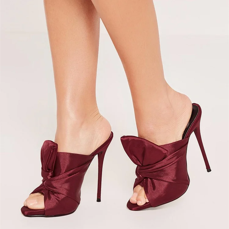 Maroon Satin Mule Heels Peep Toe Knot Stiletto Heels Sandals |FSJ Shoes