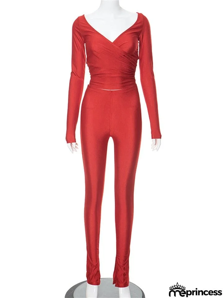 Ladies Sexy V Neck Pure Color Stretchy Shirt + Skinny Pants