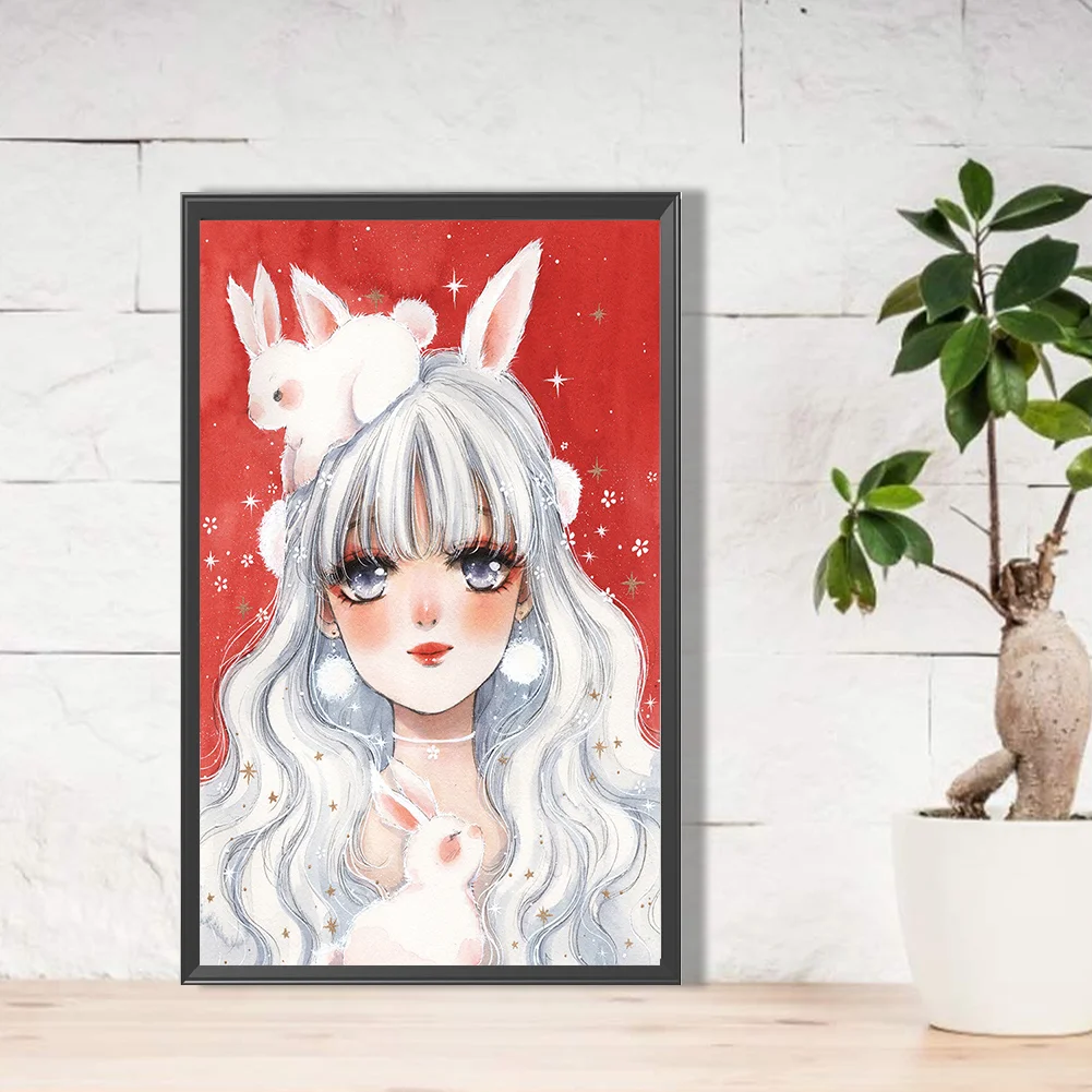 Full Round Diamond Painting 30*50cm - White Hair Bunny Ears Girl