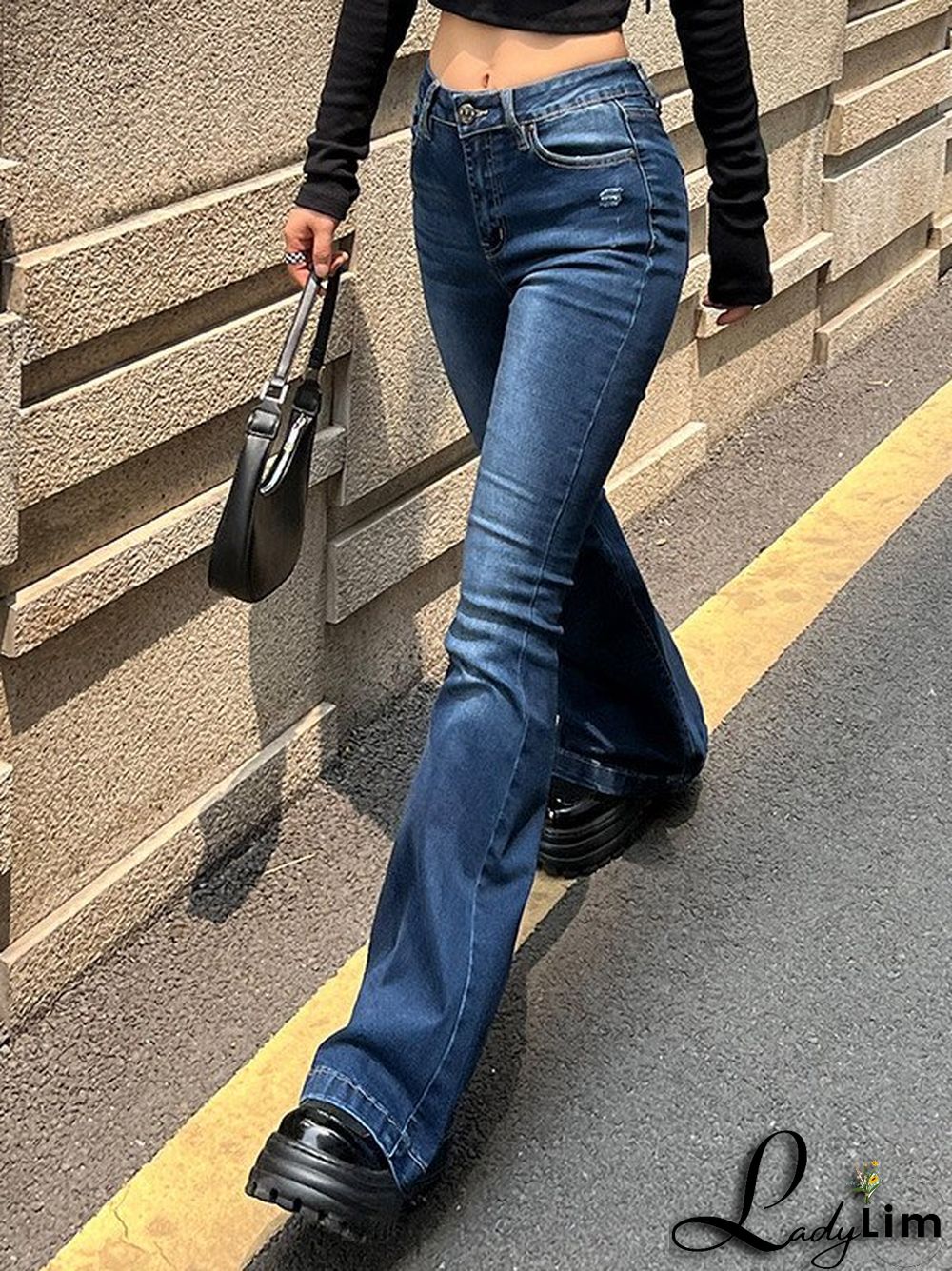 Blue Wash Distressed Stretch Flare Jeans