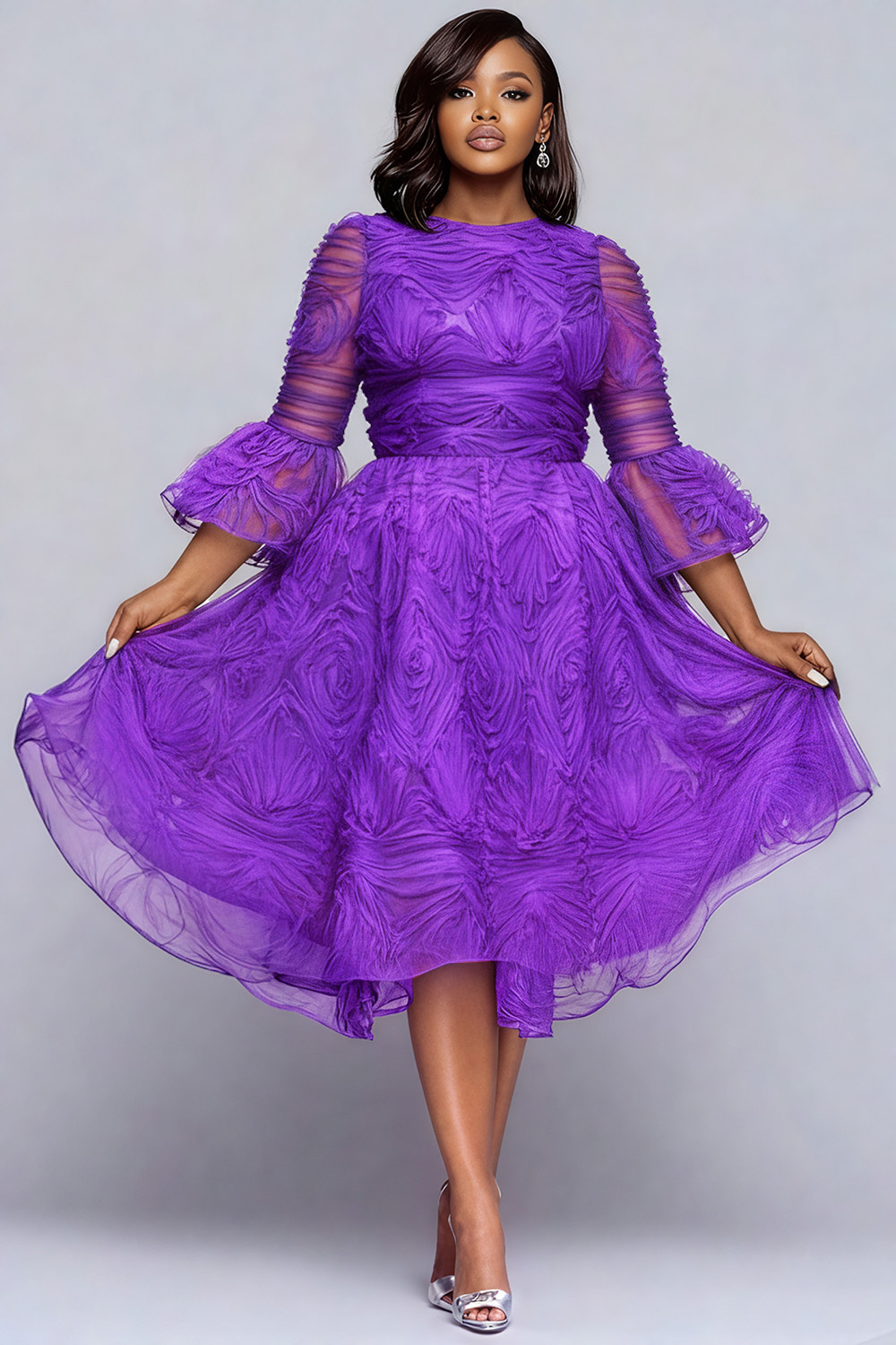 Xpluswear Design Plus Size Semi Formal Purple Round Neck Flare 3/4 ...