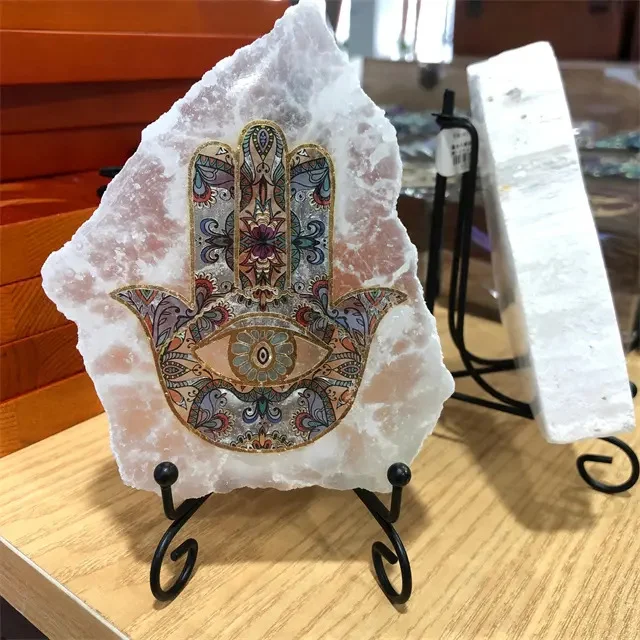 Hamsa Hand Hand Painted Selenite Slab Crystal