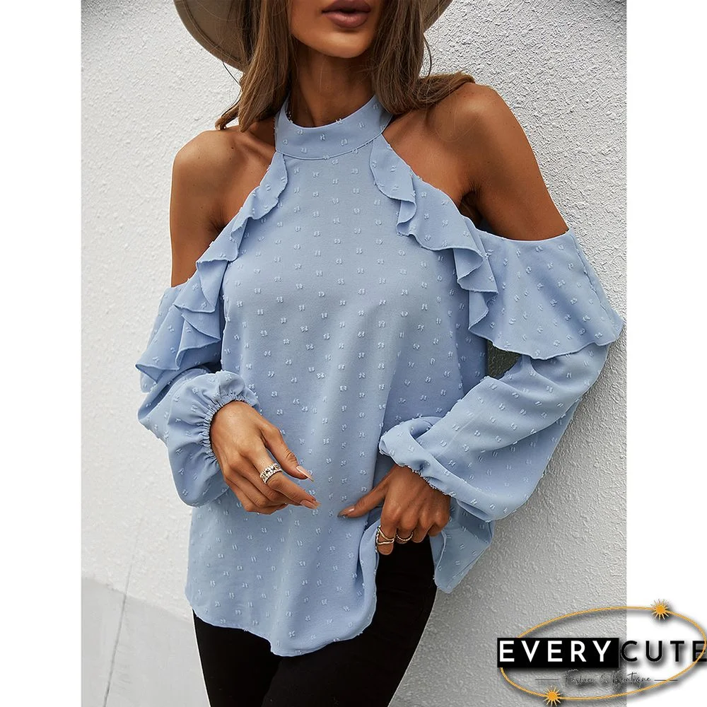 Light Blue Ruffle Cold Shoulder Long Sleeve Tops