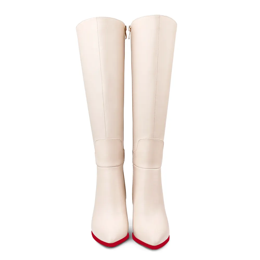 95mm/3.75 inch women's knee-high red bottom high heel boots two-color splicingmatte zipper high heels-vocosishoes