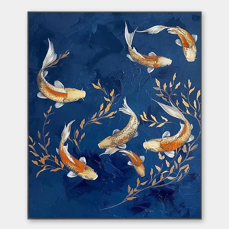 GOLDEN KOI: Vertical Koi Fish Painting on Blue Background（Canvas painting）