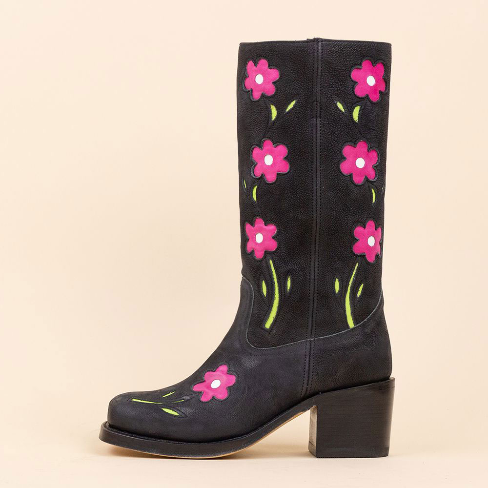 Vintage Black Square Toe Floral Mid-Calf Block Heel Cowgirl Boots