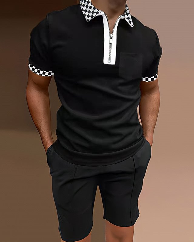 Men's Polo Shirts Casual Colorblock Two Piece Set