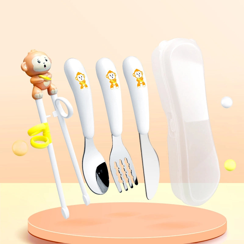 Maternal And Infant Products Portable Feeding Children’s Tableware Set Cartoon Learning Chopsticks Training Chopsticks 304 Stainless Steel Spoon Fork