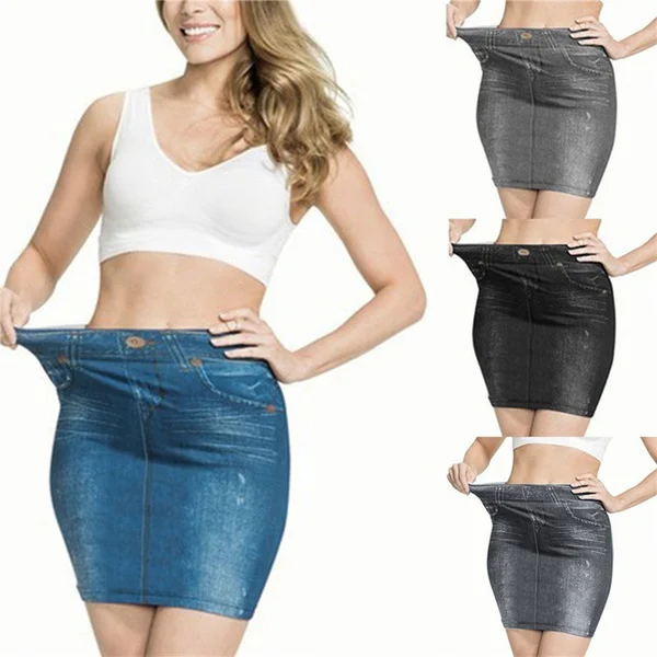 Women Fashion Print Seamless Skirt Faux Denim Jean Skirts Short Slim High Waist Elastic Mini Dress Plus Size Jeans