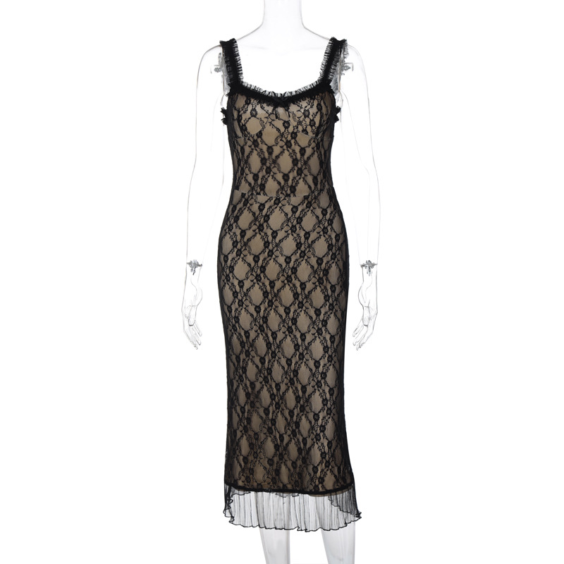 Ootddress Printed Lace Backless Long Dress Female Spaghetti Ruffled Patchwork Slim See-Through Party Dress Lace-Up Maxi Dress Women