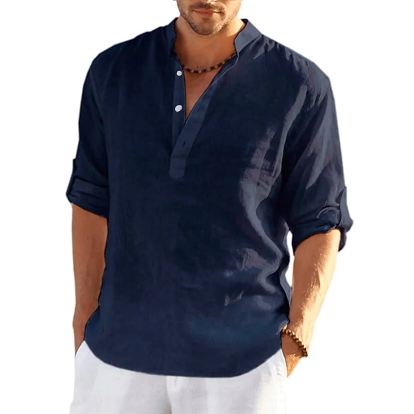 Men's Solid Color Casual Long Sleeve Cotton Linen Shirt-inspireuse