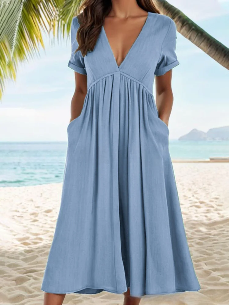 Women's spring and summer solid color short-sleeved cotton and linen V-neck waist dress socialshop
