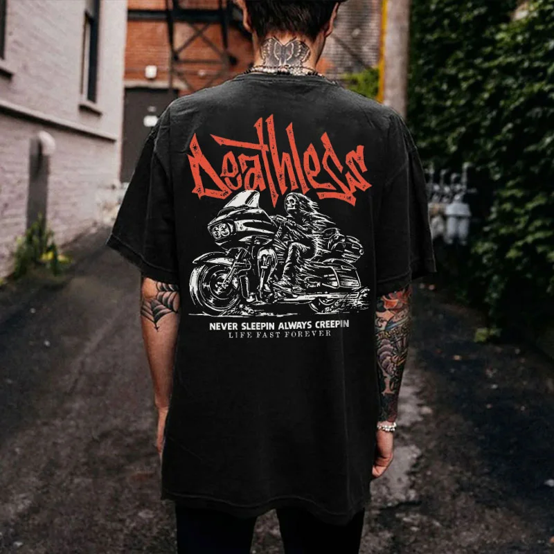 DEATHLESS NEVER SLEEPIN ALWAYS CREEPIN Skeleton Motorcyclist Print Men's T-shirt