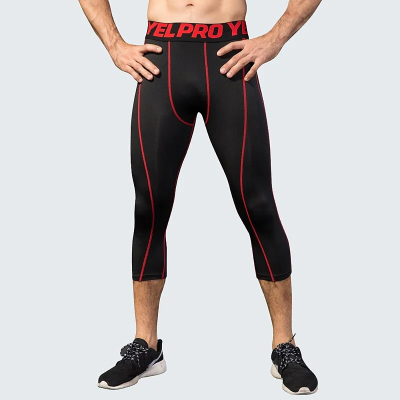 Men's Running Tights Leggings Compression 3/4 Pants Base Layer Athletic Athleisure Spandex Breathable Quick Dry Moisture Wicking Fitness Gym Workout Running Sportswear Activewear Stripes Red / black