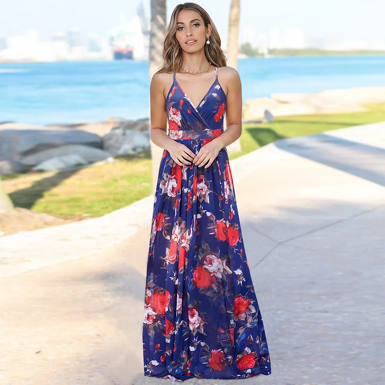 New Printed V Neck Strap High Waist Slim Sexy Backless Boho Vacation Dress