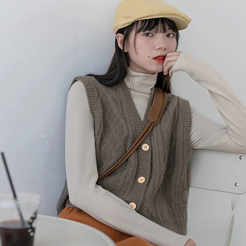 Women Sweater Vest Fresh Lovely Students Hong Kong Style Retro Outwear Gentle Ulzzang V-neck Single Breasted Leisure Fashion Ins