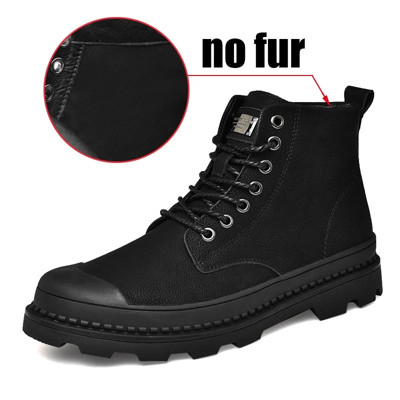 Winter Men Boots Genuine Leather Ankle Boots Black Warm Winter Work Casual Shoes Men Outdoors Military Fur Snow Boots for Men
