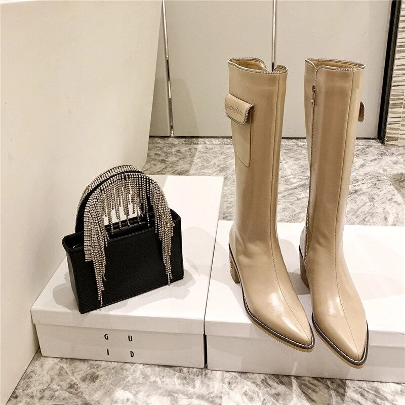 2021 Brand Design Winter Square Heel Knee High Boots Women Pointed Toe Chelsea Boots Leather Pocket Zipper Boots Botas Mujer