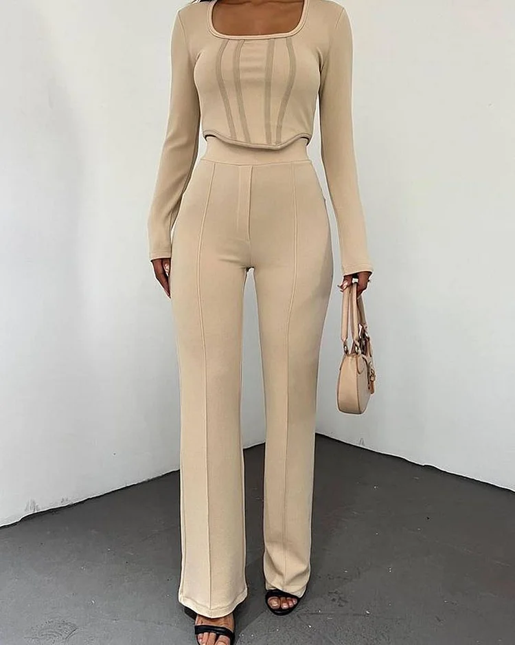Solid Color Tube Top & Hollow Trousers Two-piece Set
