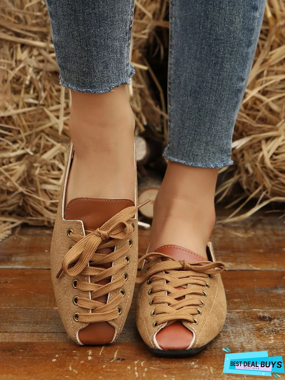 Vintage Split Joint Lace-up Front Flat Loafers