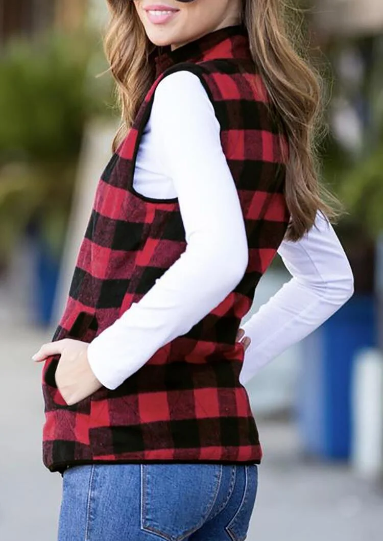 Stand Collar Plaid Zipper Pocket Sleeveless Vest Coat