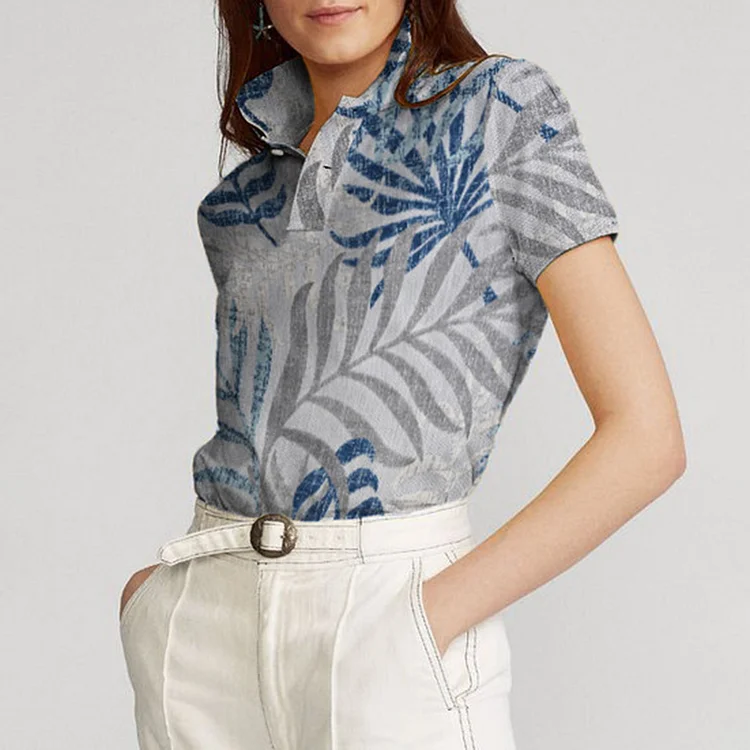 Vefave Stand Collar Watercolor Leaves Print POLO Shirt