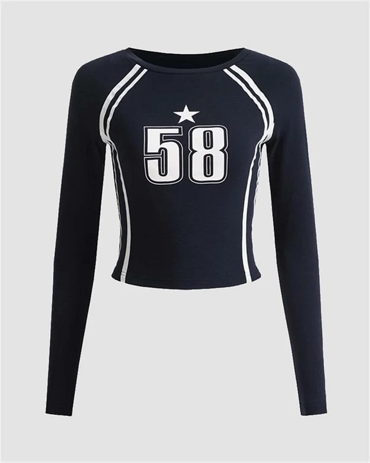 Contrast Color Number Print Long Sleeve T-Shirt