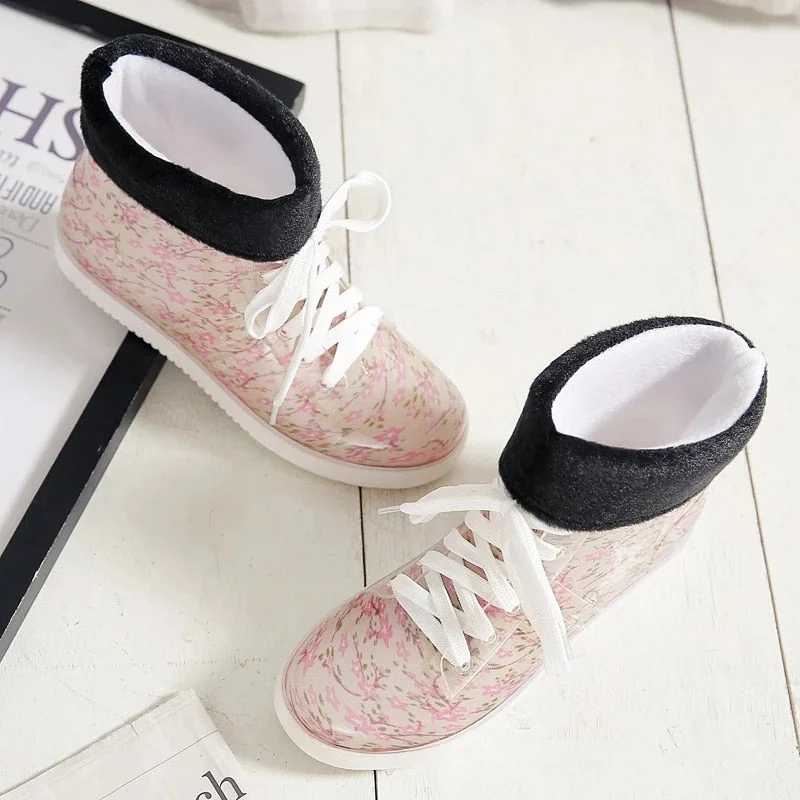 Leopard Women's Rainshoes Waterproof Non-Slip Flat Rubber Shoes Women Rain Boots Short Tube Lace Up Velvet Warmer Winter Boots