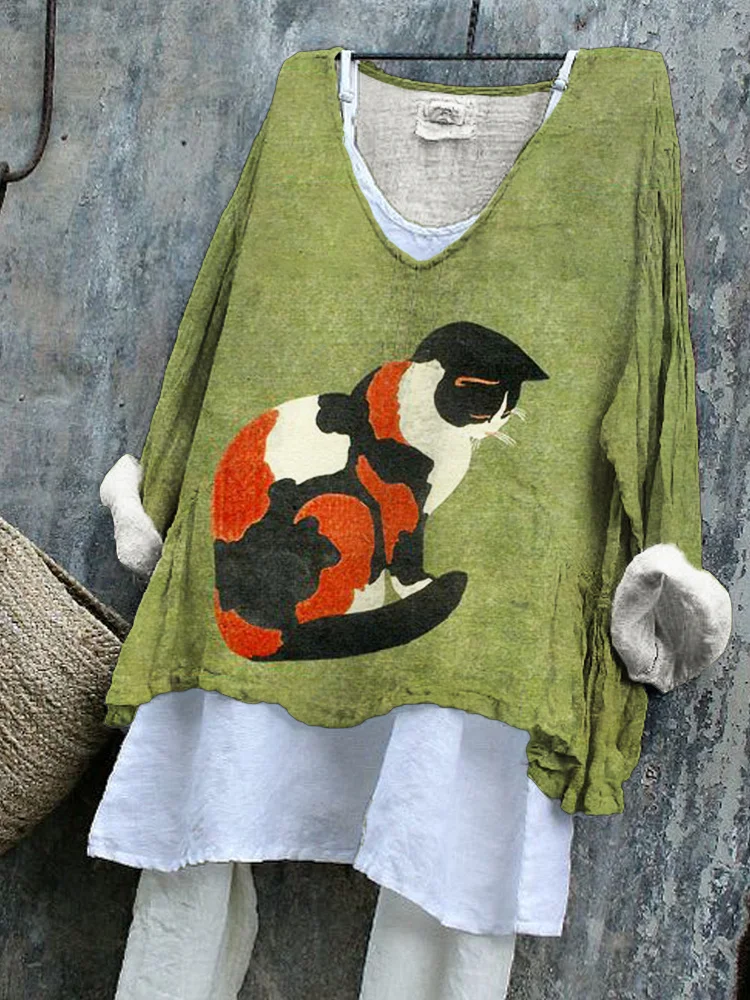 Hana Cat Japanese Art V-Neck Loose Top