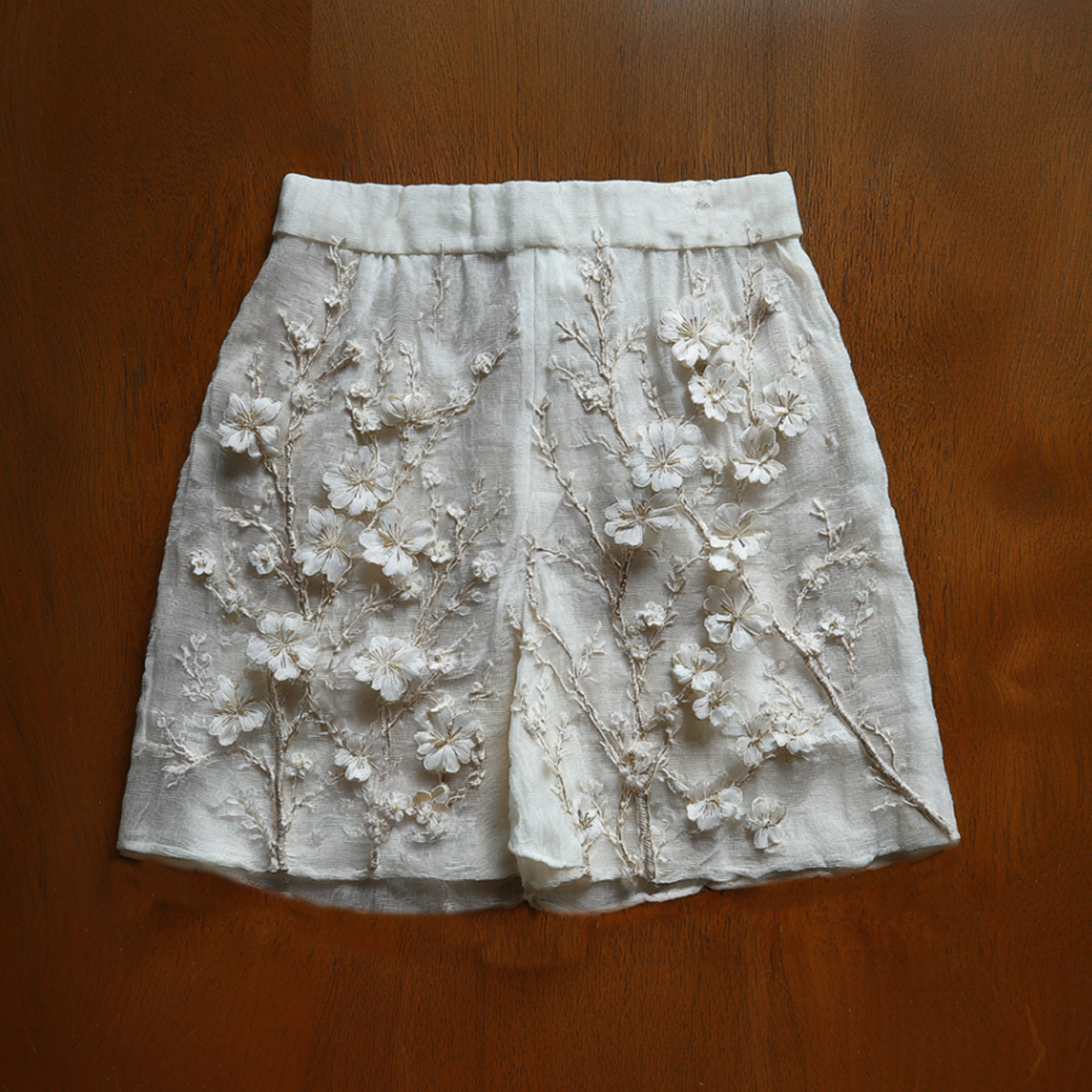 Women's White Cherry Blossom Embroidery Art Blended Cotton Linen Loose Shorts elevenforest