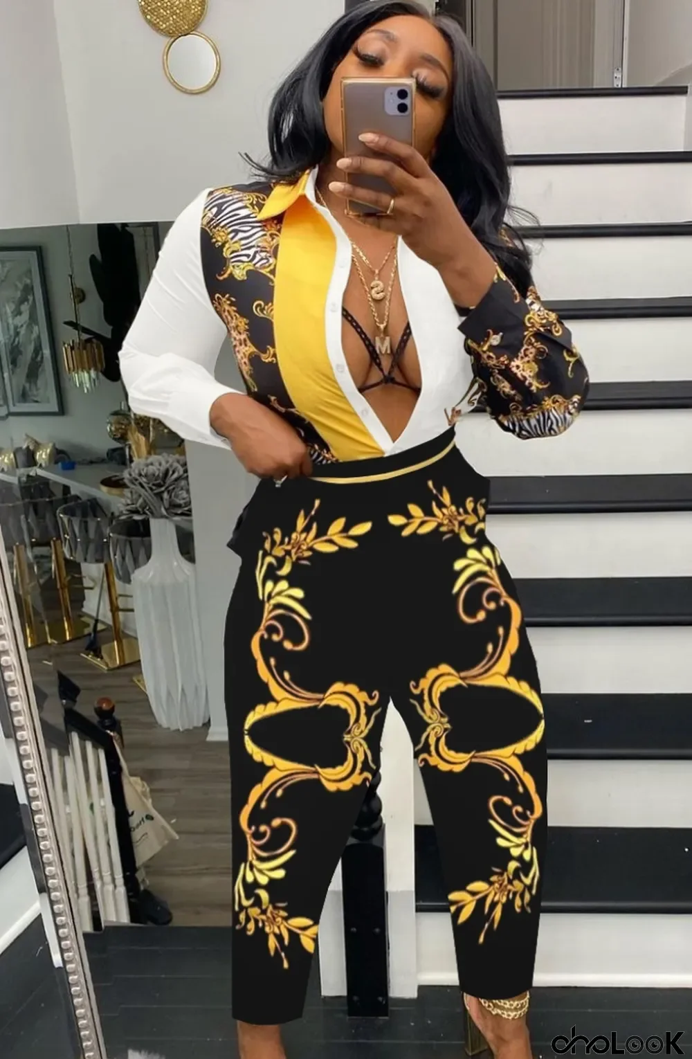 Autumn Yellow Retro Print Long Sleeve Shirt and Pant Set