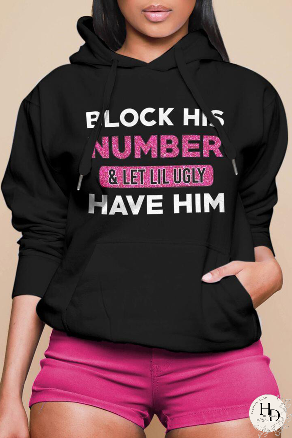 Black Street Print Letter Hooded Collar Tops