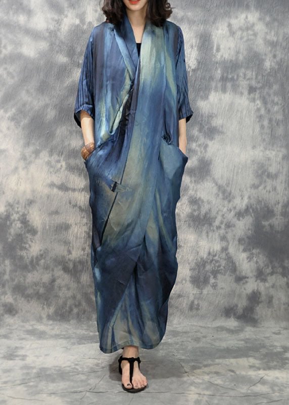 Plus Size Blue retro asymmetrical design Pockets Fall Maxi Dresses Half Sleeve CK3043- Fabulory