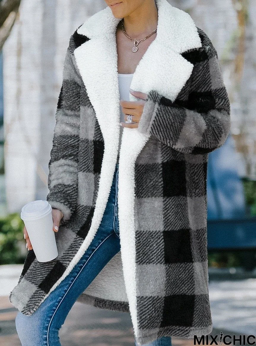 Fashion Casual Color Block Buffalo Plaid Coat Women