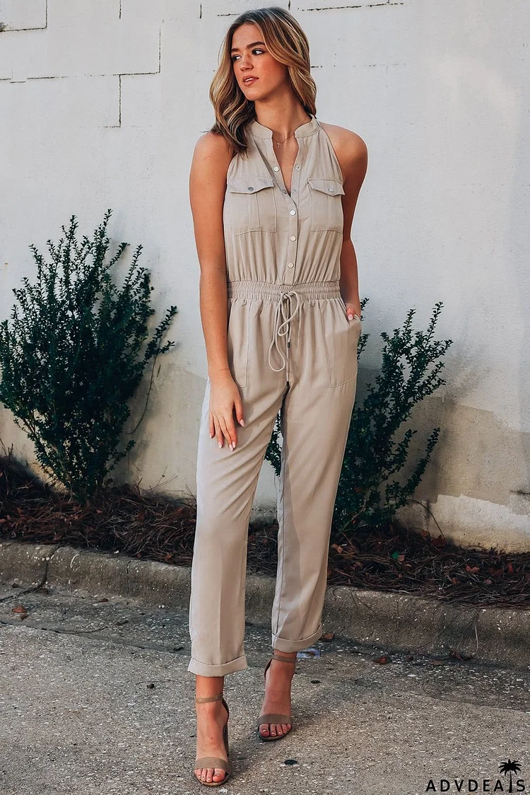 Button Front Patch Pockets Sleeveless Jumpsuit