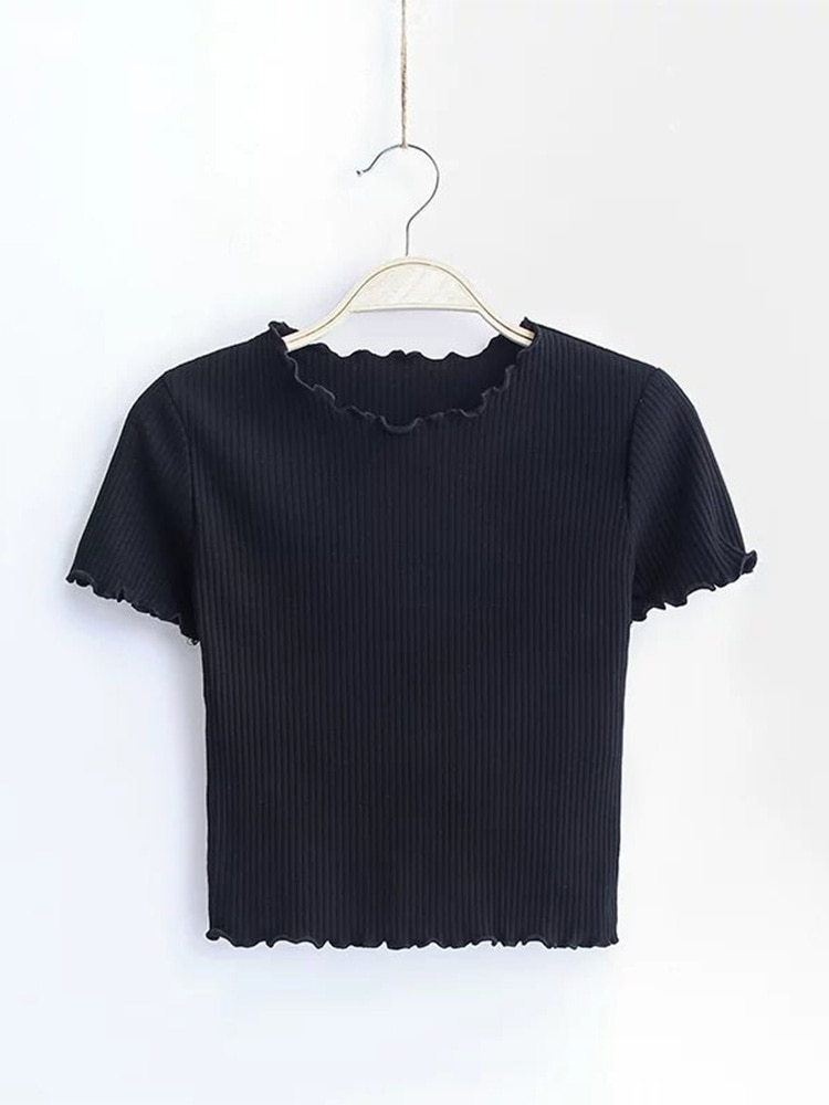 Vintage Wood ears O neck Short sleeve T-shirt  New Woman Slim Fit t shirt tight tee Summer Retro Tops 6 colors