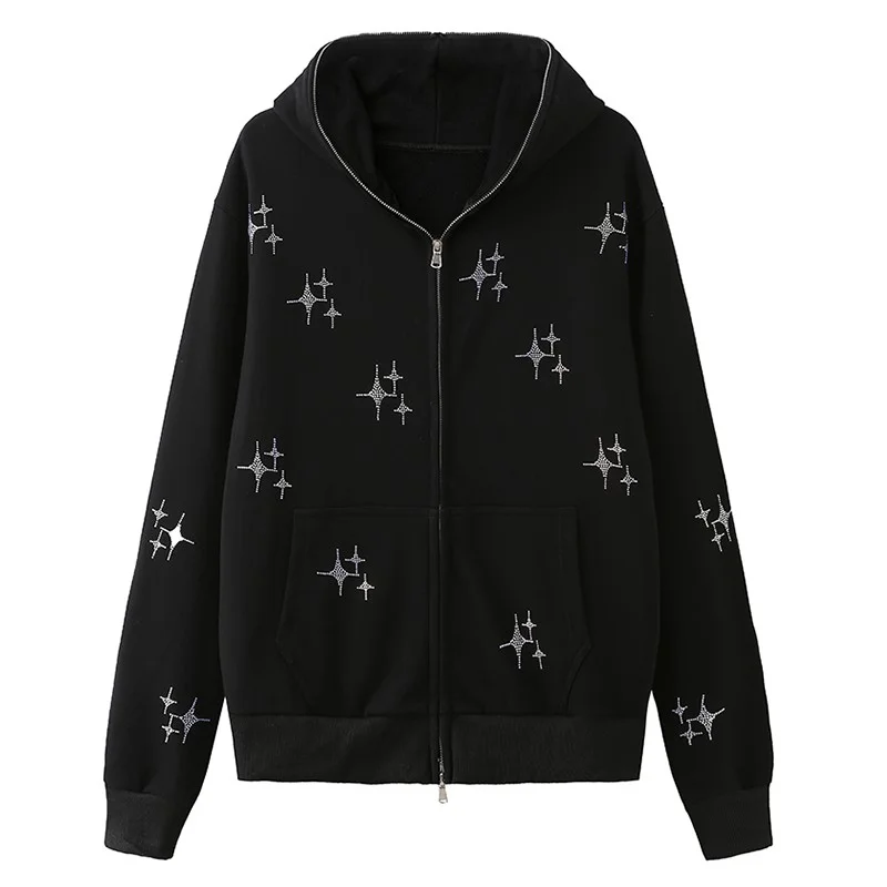 Jangj Autumn Punk Zip-up Jacket Y2k Rhinestone Star Sweatshirt Korean Casual Vintage Long Sleeve Top Gothic Grunge Hooded Outerwear