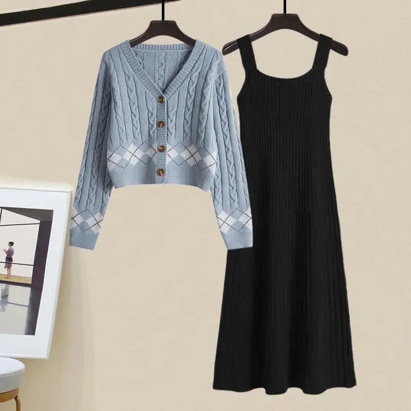 Rhombus Print Cardigan Sweater Slip Dress Two Pieces