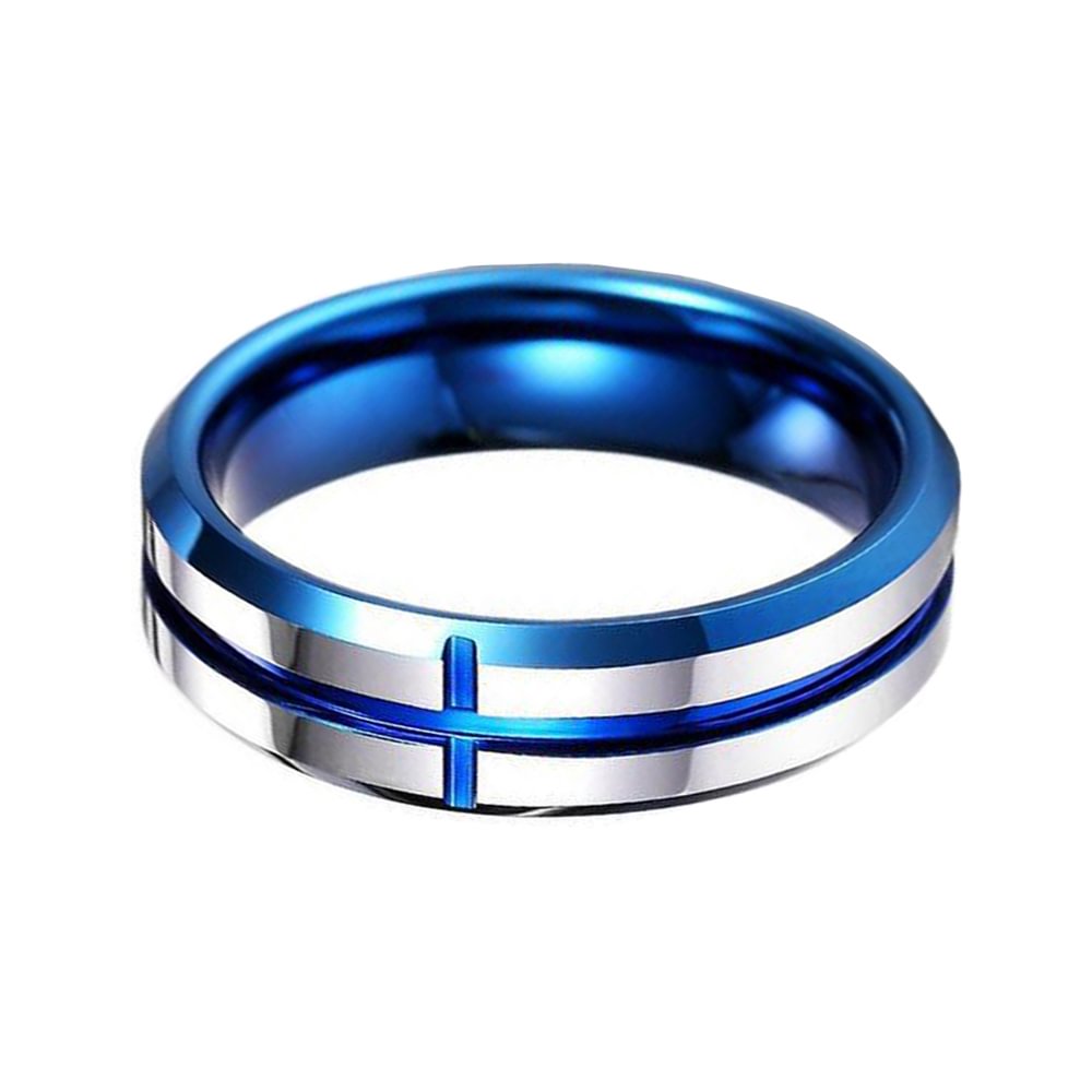 6MM Blue Center Groove Polished Finished Men Tungsten Rings Comfort Fit