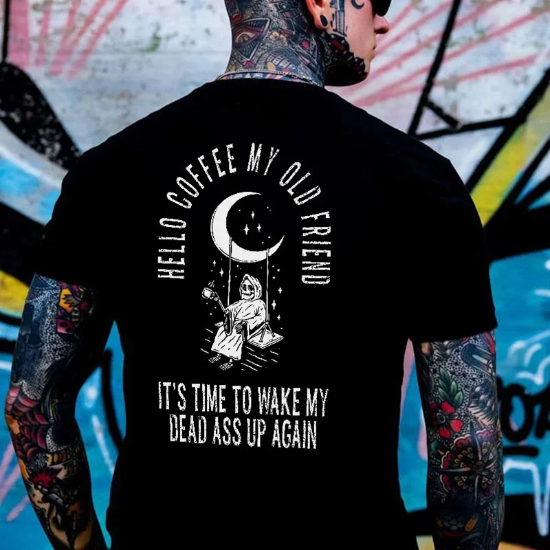 HELLO COFFEE MY OLD FRIEND Skull Black Print T-shirt