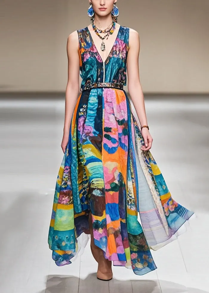Elegant Cinched Print Exra Large Hem Chiffon Dresses Sleeveless
