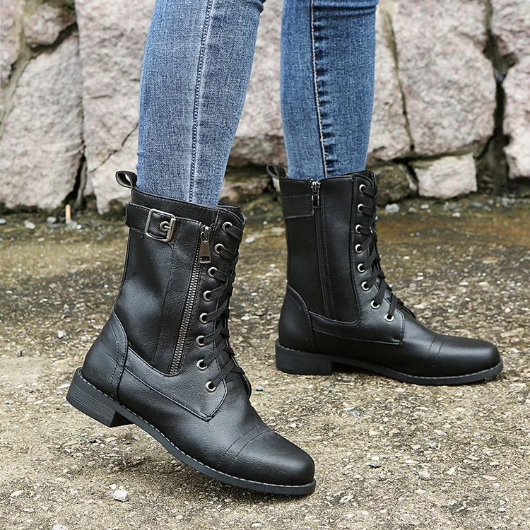Yyvonne And Winter New Large Size 43 Flat Bottom Martin Boots Women's High-Tipper Zip Women Belt Buckle Boots