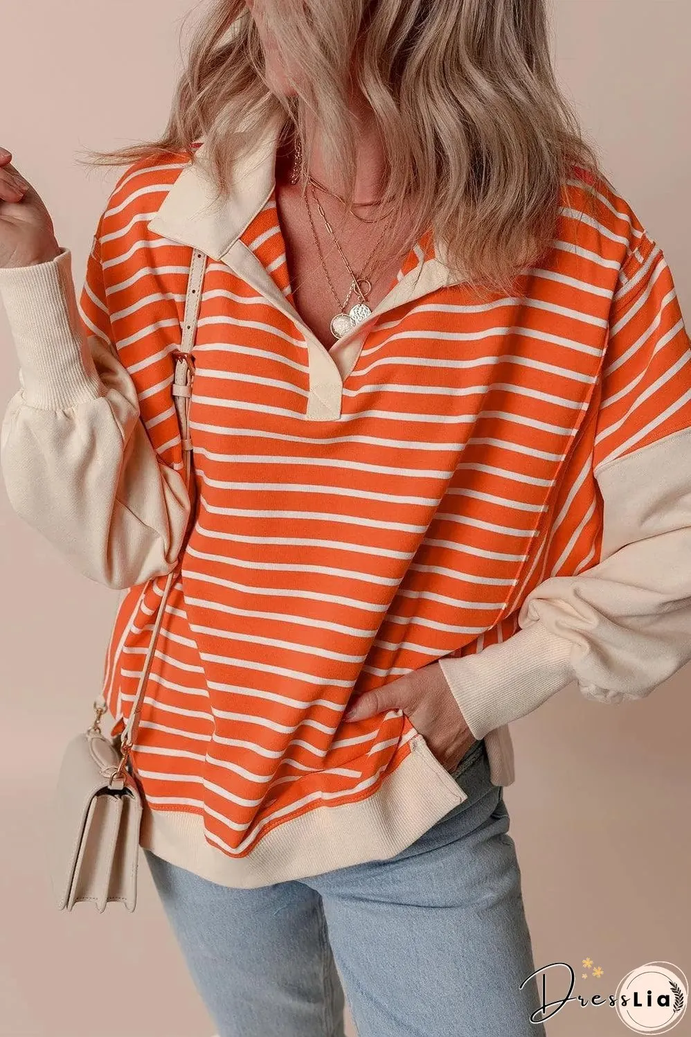 Orange Stripe Color Block Loose Fit Collared Drop Shoulder Sweatshirt