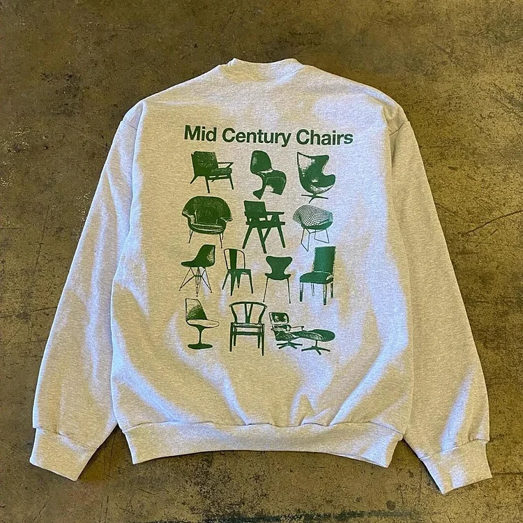 Fitvitalsupplement Retro Mid Century Chairs Pattern Printed Gray Sweatshirts Unisex Autumn Winter Thick Crewneck Long Sleeve Fleece Warm Pullover