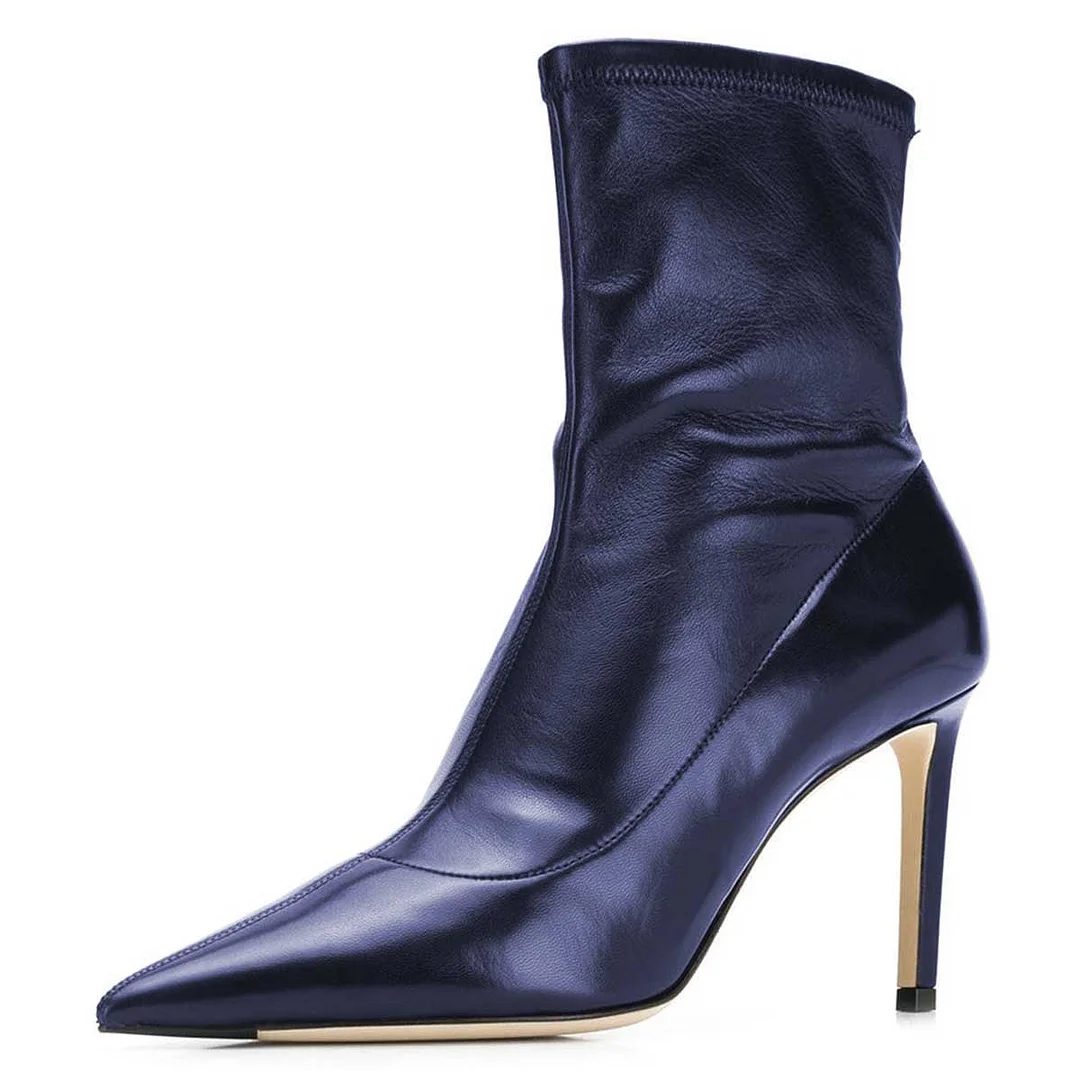 Classic Navy Pointed Toe Stiletto High Heel Stretch Booties for Women