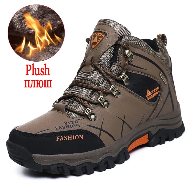 Brand Men's Snow Boots Winter Plush Warm Mens Ankle Boots Waterproof Leather Sneakers Outdoor Male Hiking Boots Work Shoes 39-47