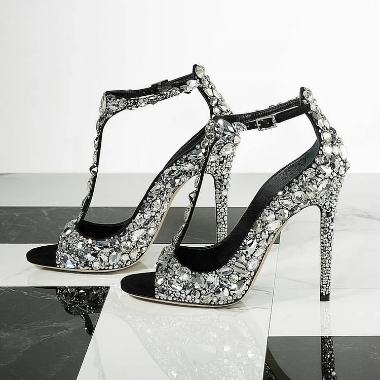 Black Peep Toe Rhinestone T-strap Heels Bridal Sandals Prom Shoes |FSJ Shoes